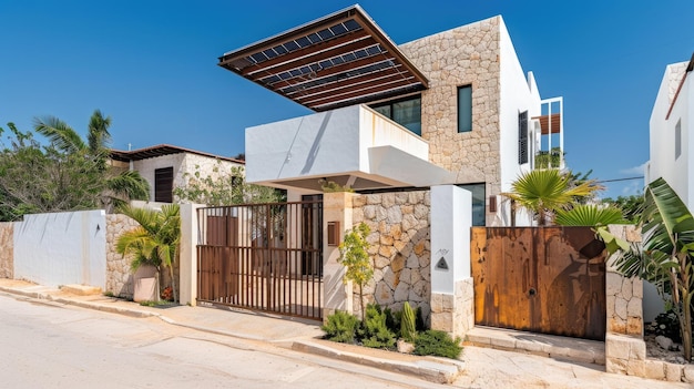 a modern house with solar panels on the roof complemented by an attractive decorative stone wall fence and a brown metal gate under the sunny sky