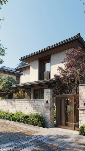 a modern house with solar panels on the roof complemented by an attractive decorative stone wall fence and a brown metal gate under the sunny sky