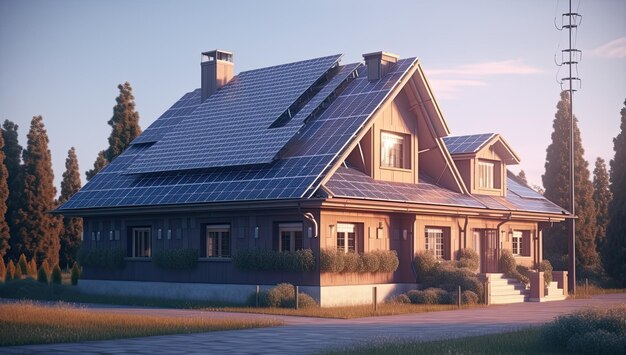 Modern house with solar panels on the roof Sustainable and clean energy at home Generative AI