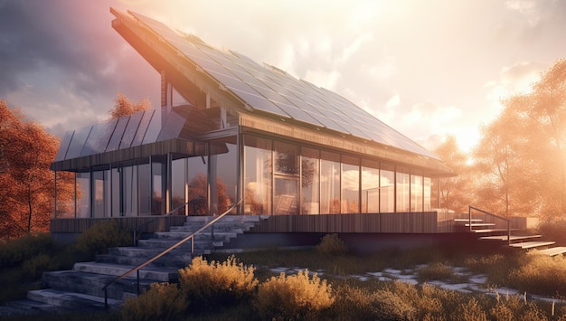 Modern house with solar panels on the roof Sustainable and clean energy at home Generative AI