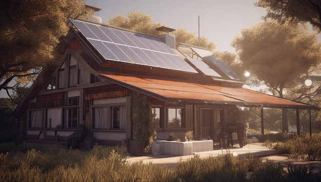 Modern house with solar panels on the roof Sustainable and clean energy at home Generative AI