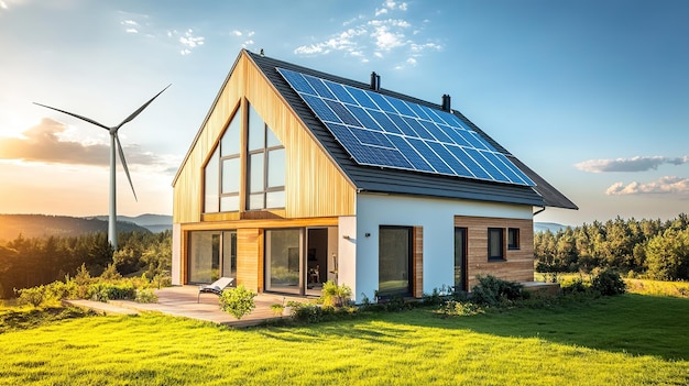 Modern house with solar panels and wind turbine