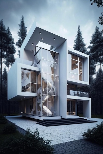 A modern house with a spiral staircase in the middle