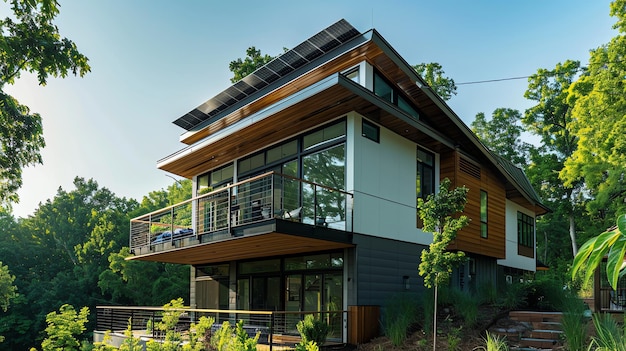 A modern house with a white exterior wooden accents and a solar panel roof