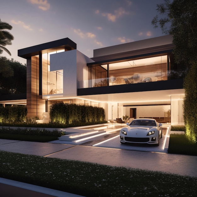 A modern house with a white Porsche car parked in front of it at night