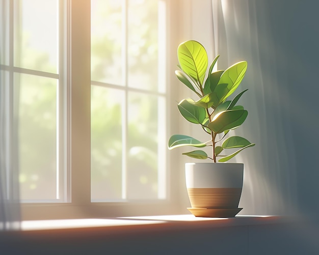 Modern houseplant in a stylish pot basks in the soft sunlight near a sheercurtained window