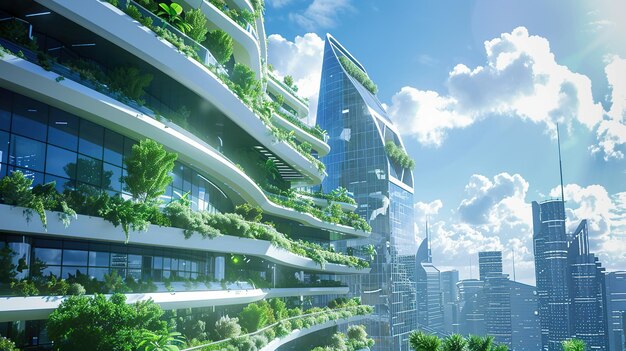 Modern houses of the futureEcological architecture with green plantsgenerative ai