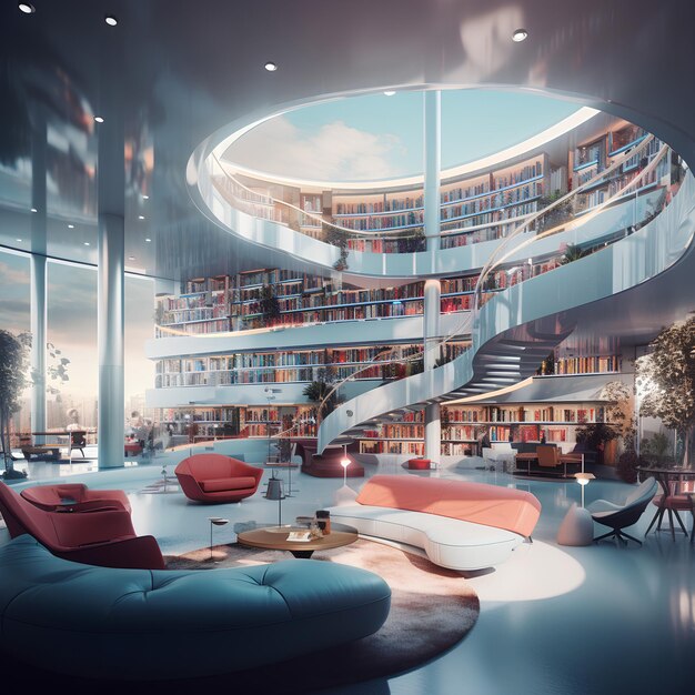 Photo modern hybrid library design interior gen z user fun vibe