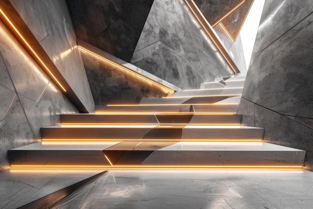 Modern illuminated staircase with geometric shapes and warm lighting