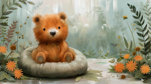 Modern illustration of bear doll sitting on pillow seat with do not worry and chill slogan