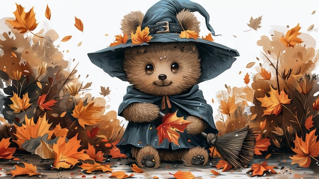 Modern illustration of a witch slogan with a bear doll in witch attire sweeping dead leaves