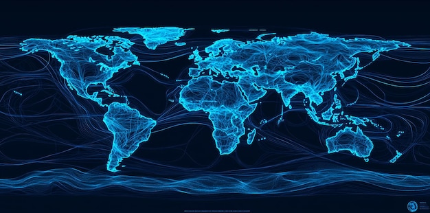 Modern illustrations of a blue futuristic world map or globe with a connecting wireframe of a wave Concepts for digital communication and technology innovation