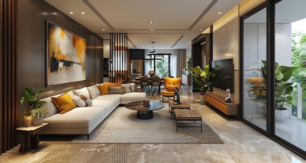 Modern Indian home interior with a spacious living area featuring a large TV and inviting decor