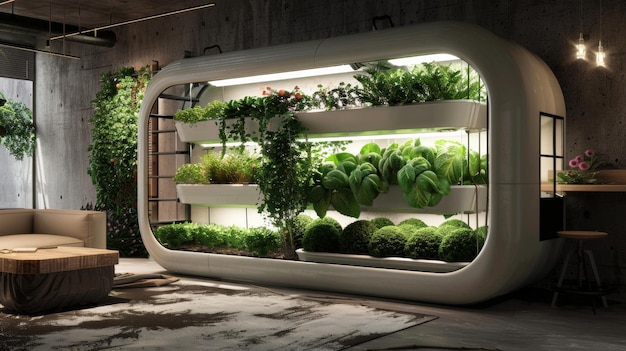 Modern indoor hydroponic garden in urban apartment shines as an oasis of sustainable living