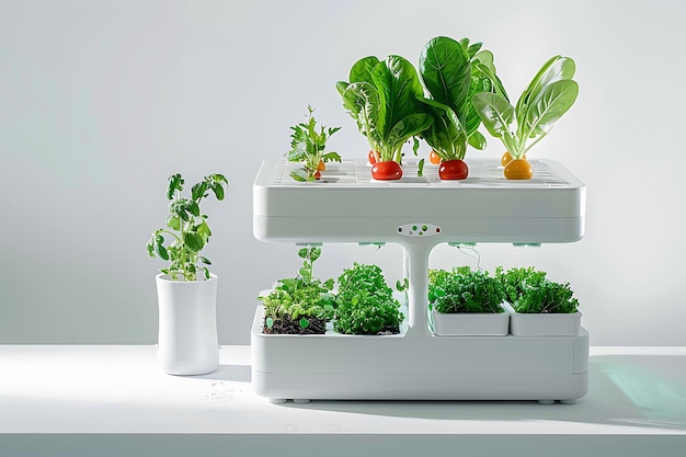 Modern Indoor Hydroponic Garden with Fresh Herbs and Vegetables