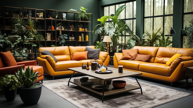 Modern indoor living room with comfortable orange color sofa