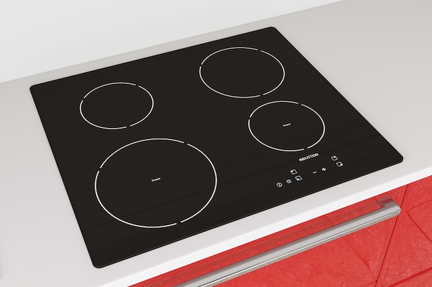 Modern Induction Cooktop Stove with Red Kitchen Furniture extreme closeup. 3d Rendering