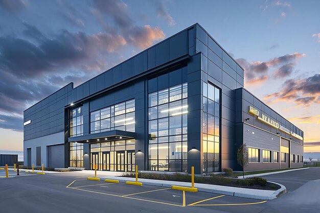 Modern industrial building at sunset dramatic clouds sleek black and gray facade