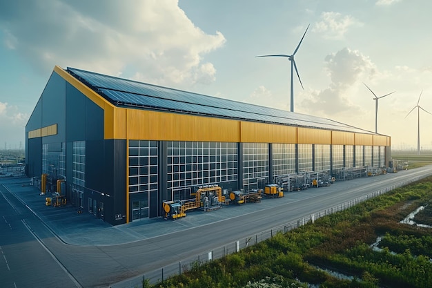 Photo modern industrial building with solar panels and wind turbines showcasing a commitment to sustainable energy production