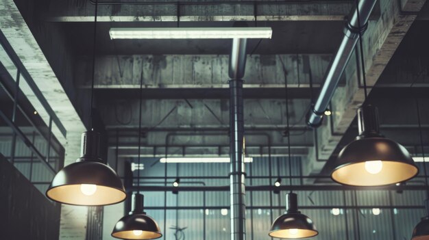 Photo modern industrial ceiling with exposed pipes and hanging lights evoking a sleek contemporary ambiance