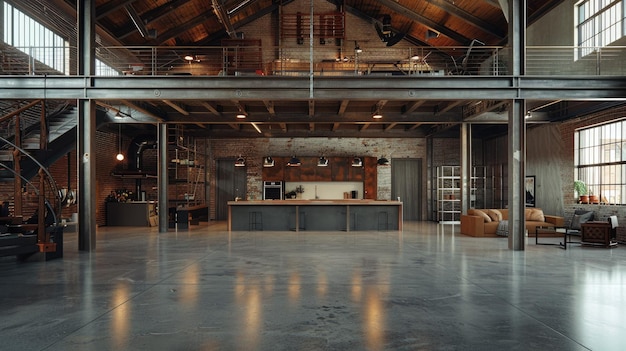 Photo modern industrial interior with exposed beams and polished concrete floors