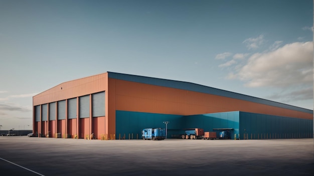 Modern industrial large warehouse with blue sky and clouds in the background Industrial concept