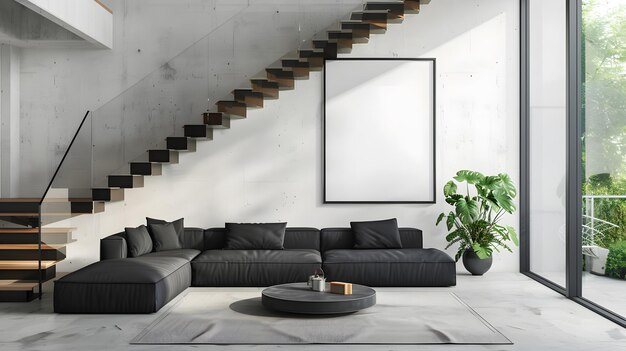 Modern Industrial Living Room with Black Sectional Sofa Metal Staircase and FloortoCeiling Windows Overlooking Natural Scenery