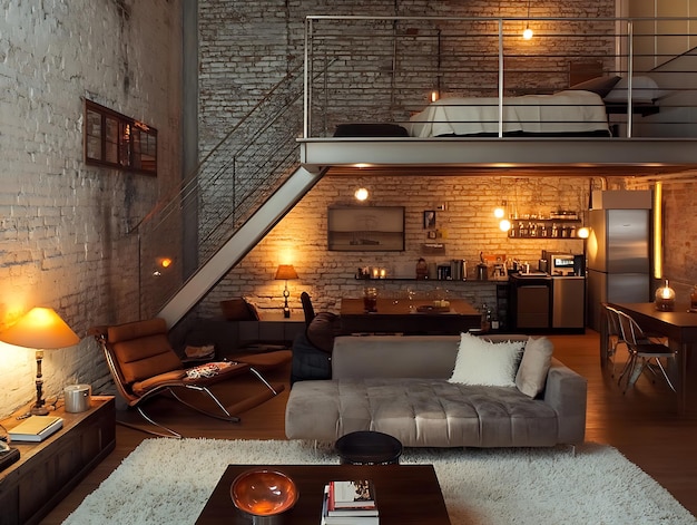 Photo modern industrial loft interior with exposed brick walls cozy sectional sofa open kitchen warm lighting and minimalist decor for a stylish urban living space