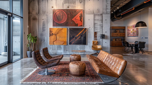 Modern Industrial Loft Style Waiting Area With Leather Furniture And Abstract Art On Concrete Walls