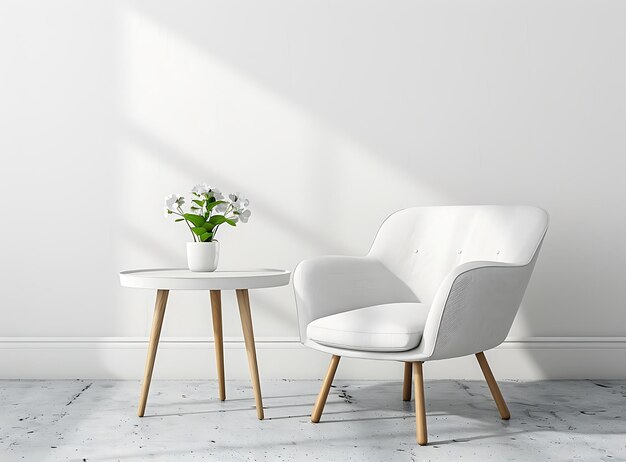 Photo modern interior armchair and small round table with flower pot on a white wall background