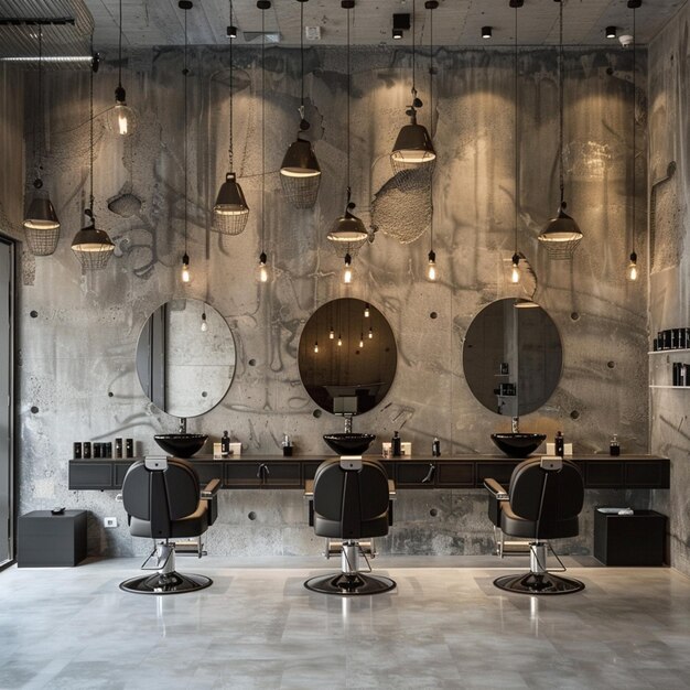 Modern interior of the beauty salon which consist of nail salon and barbershop with black lamps