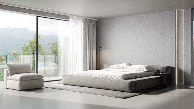 Modern interior bedroom minimalist style gray stucco wall 3d render