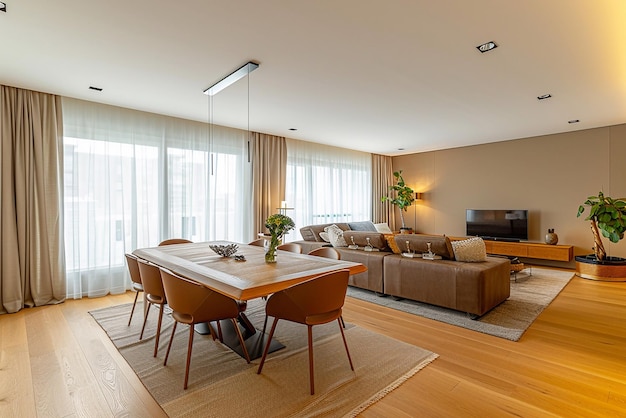 Modern interior design of apartment dining room with table and chairs empty living room with beige wall panorama