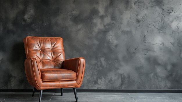 Photo modern interior design background with retro leather chair on gray wall with copy space