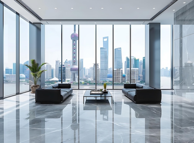 Modern interior design of a business office with floortoceiling windows overlooking the Shanghai city skyline