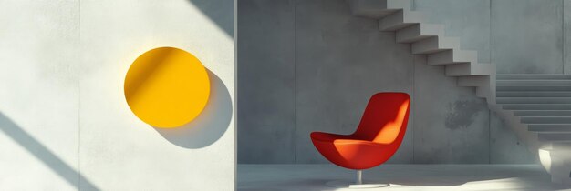 Photo a modern interior design concept featuring a single red chair a yellow circle on the wall and