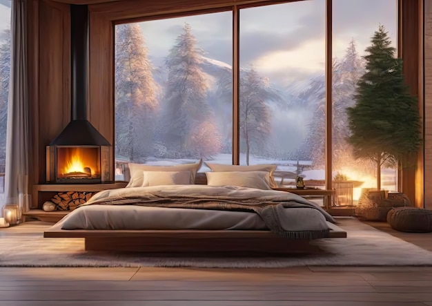 Modern interior design Cozy and comfortable bedroom with a winter nature behind the window