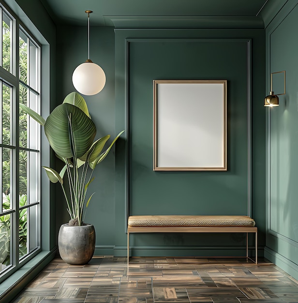 Photo modern interior design of the entrance hall dark green walls with a wooden framed mockup hanging