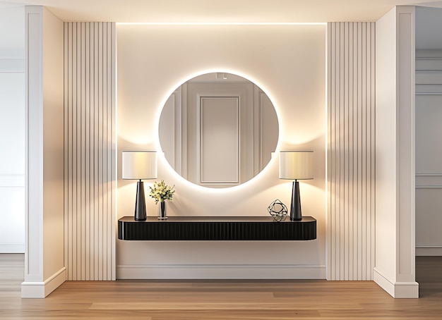 Modern interior design of an entrance hall with a wall mirror and shelf a wooden floor white walls with decorative black wood strips soft lighting from lamps on the sides of a large round mirror