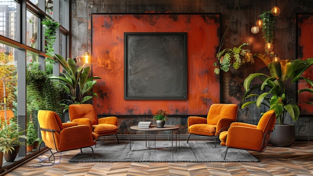 Modern interior design featuring orange armchairs and lush green plants