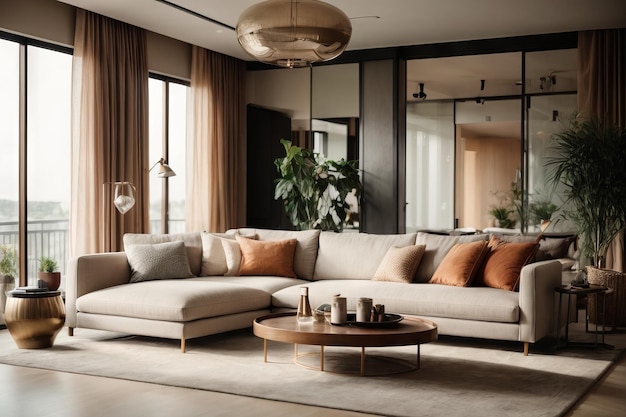 Modern interior design of the living room hall with a large bright sofa large windows carpet