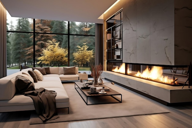 A modern interior design of the living room with a fireplace Generative Ai