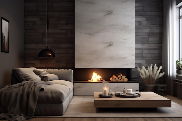 A modern interior design of the living room with a fireplace Generative Ai