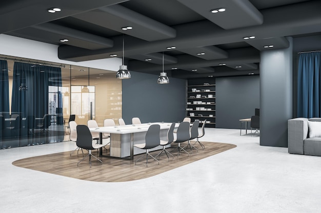 Modern interior design office with stylish white conference table surrounded by beige chairs on wooden island among light concrete floor glass door grey walls and ceiling 3D rendering