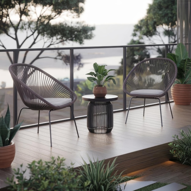 Photo modern interior design outdoor terrace with furniture 3d render illustration with landscape view