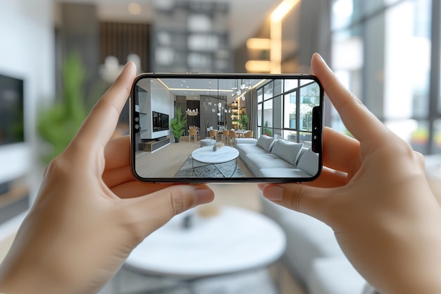 Photo modern interior design preview on smartphone virtual reality interior designxa