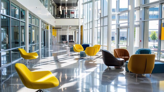 Modern Interior Design of a Spacious Lobby With Colorful Lounge Chairs in Bright Natural Light