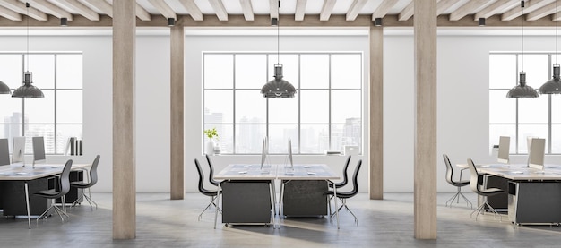 Modern interior design of waiting area in stylish office with white velvet sofa black wooden posts coffee table and tree in metallic flowerpot on parquet