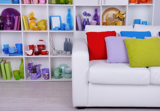 Modern interior design White living room with sofa and bookcase