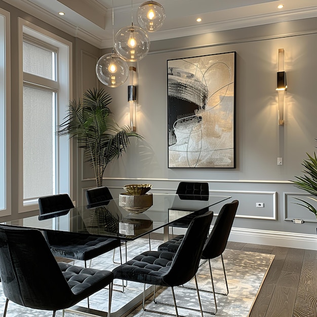 Photo modern interior design with elegant glass table and abstract artwork